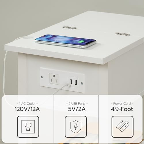 HOOBRO End Table with Charging Station, Flip Top Side Table with USB Ports, Narrow Nightstand Bedside Tables with Storage Shelves, for Small Space, Living Room, White WT141UBZ01 - Image 6