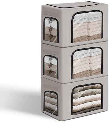 GuliPostan 3 Pack 40L Stackable Clothes Storage Bins with Metal Frame Handles & Zipper, Collapsible Closet Organizer Box with Lid for Bedding Blankets Towel (Light Grey) by Unknown