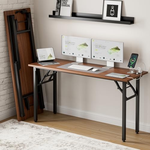 Frylr Small Folding Computer Desk – 55.1 Inch Portable Table for Craft and Study, Lightweight Desk for Small Spaces, Foldable Laptop Table Built-in AC/USB Outlets for Convenience, Dark Walnut by Frylr