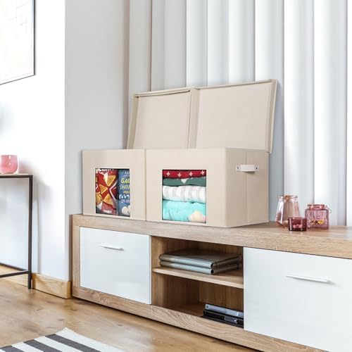 Univivi Fabric Storage Bins with Lids for Closet, 4 Pack, Beige - Image 5