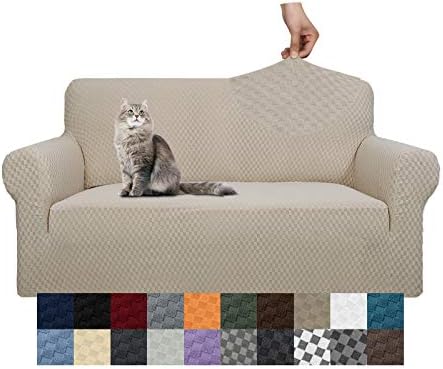 YEMYHOM Couch Cover Latest Jacquard Design High Stretch Sofa Covers for 2 Cushion Couch, Pet Dog Cat Proof Loveseat Slipcover Non Slip Magic Elastic Furniture Protector (Medium, Khaki) by YEMYHOM