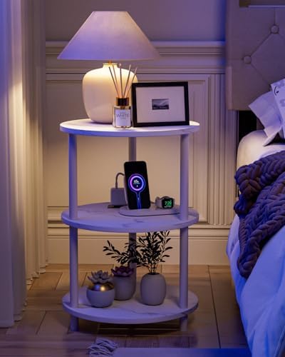 XBurmo Small Round End Table - 3 Tier Design Accent Table, Narrow Side or Bedside Stand, Industrial Vintage Table for Small Spaces, Built-in USB Ports and Power Outlet, Marble White - Image 5