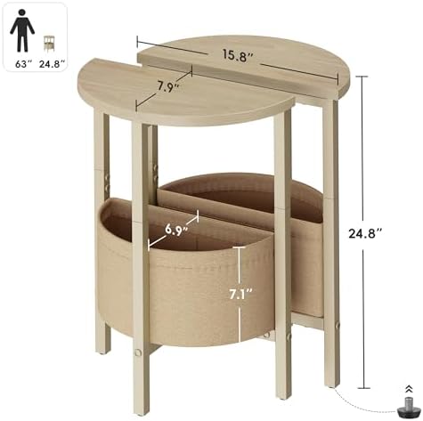 Vagusicc Small Round Side Table End Table, Tall Accent Table with Storage Basket, Set of 2 Half Round Tables Half Moon Tables, Coffee Bedside Tables, Modern Nightstand for Living Room Bedroom,Natural - Image 3
