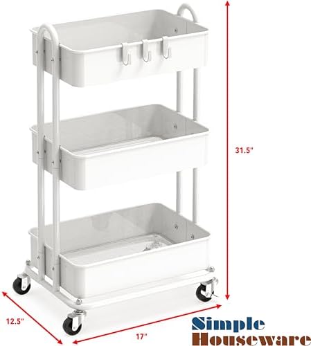 Simple Houseware 3-Tier Heavy Duty Metal Utility Rolling Cart, White - Image 2