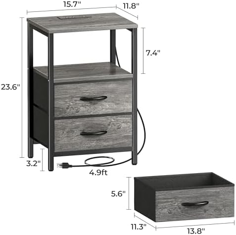 Huuger Nightstand with Charging Station, Side Table with Fabric Drawers - Image 2