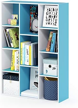 Furinno LUDER Book Shelf, 11-Cube Bookshelf, Reversible Bookcase, 9.4 x 29.1 x 41.7, Easy Assembly, for Living Room, Bedroom, Home Office, White/Light Blue by Furinno-FitsYourSpaceFitsYourBudget