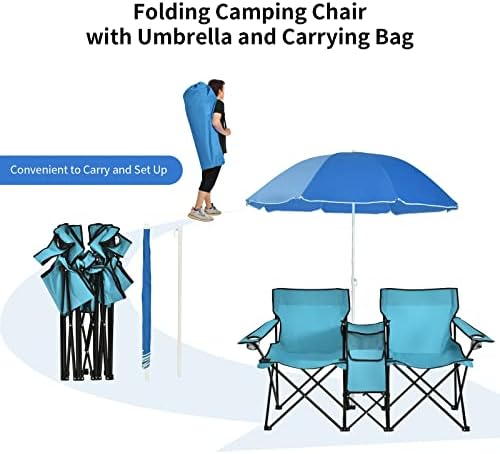 ARLIME Double Folding Beach Chairs with Umbrella, Outdoor Picnic Portable Loveseat Chairs with Removable Umbrella & Mini Table Carrying Bag, Camping Chair for Patio, Pool, Park (Turquoise) - Image 6