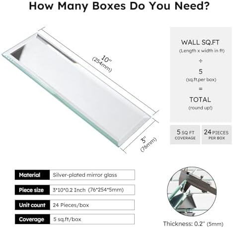 Diflart Peel and Stick Mirror Backsplash Tiles, Silver, 3x10 Inch, Beveled Mirror Subway Tiles for Kitchen Backsplash Bathroom Wall, Pack of 24 Pcs - Image 2