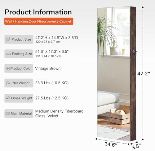 GISSAR Full Length Mirror Jewelry Cabinet, 6 LEDs Jewelry Armoire Wall Mounted Over The Door Hanging, Jewelry Organizer Storage with Lights Lockable, Vintage Brown, 14.6" x 47.2" - Image 5