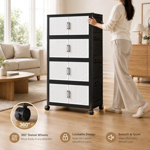 5 Tier Foldable Storage Cabinet with Top Lid, Tall Mobile PP Storage Organizer with Magnetic Doors and Wheels, Space-Saving Collapsible Organizer for Bedroom Living Room Kitchen Pantry Bathroom - Image 6