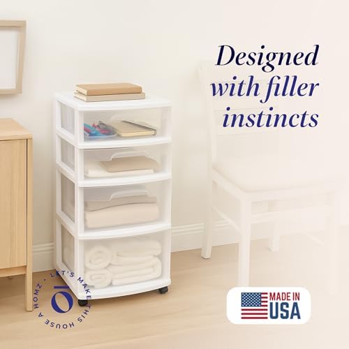 HOMZ Drawer Tower, 4-Tier Storage Cart with Removable Wheels, White Frame - Image 4