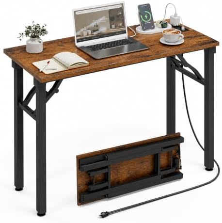 XBurmo Small Folding Desk Folding Table, No Assembly Foldable Desk Gaming Desk, 35.8-Inch Computer Table Workstation with 2 AC Outlets and 2 USB Ports for Bedroom and Home Office, Rustic Brown by XBurmo