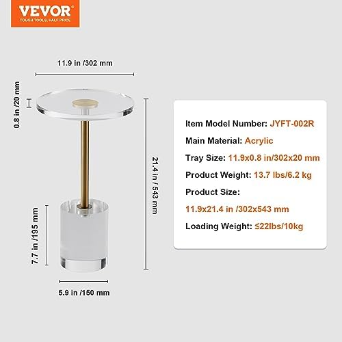 VEVOR Clear Acrylic Side Table, Modern End Table with Solid Base, φ12 inch Round Tabletop, 21 inch High, 20mm Thick, for Coffee, Drink, Food, Snack Used in Living Room, Bedroom, Office, Easy Assembly - Image 3