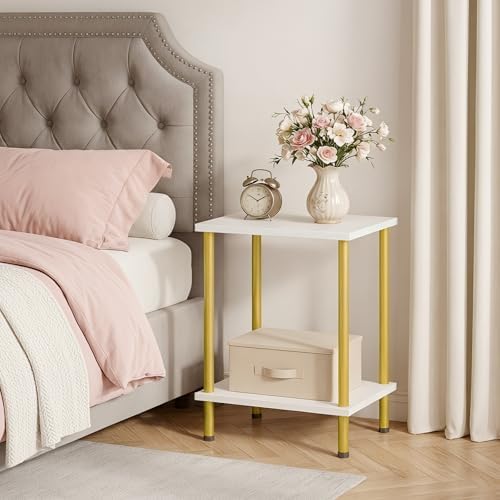 HOOBRO End Tables Set of 2, Small Side Table, Nightstand with 2-Layer Storage Shelves, Sofa Table for Small Spaces, Living Room, Bedroom, Stable Frame, Easy Assembly, White and Gold DW09BZP201 - Image 4