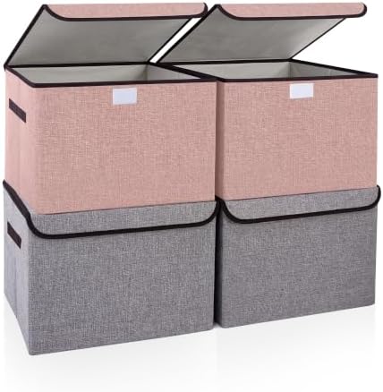 Bagnizer Linen Fabric Foldable Storage Cube Bin Organizer Basket with Flip-Top Lid & Handles, Large Clothes Blanket Box for Home, Office, Closet, Gray & Pink, 4 Pack 14.6 x 9.5 x 9.5” by Bagnizer