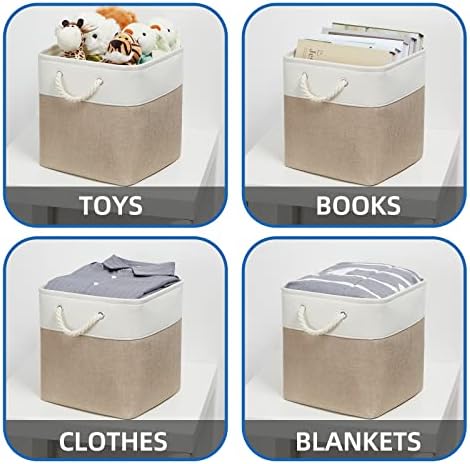 Temary Cube Storage Baskets 4 Pack 13x13 Fabric Cube Storage Bins for Clothes, Large Baskets Boxes with Handles, Canvas Basket for Organizing Towels, Collapsible Storage Bins (White&&Khaki) - Image 4