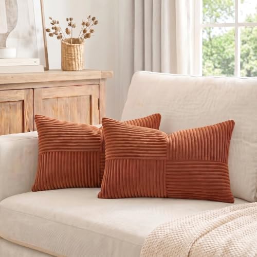 Fancy Homi 2 Packs Rust Lumbar Decorative Throw Pillow Covers 16x28 Inch for Bedroom Couch Bed, Rustic Farmhouse Boho Home Decor, Soft Striped Corduroy Rectangle Accent Terracotta Cushion Case 40x70cm - Image 7