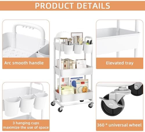 JIUYOTREE 3-Tier Plastic Rolling Storage Cart Utility Cart with Extra Hanging Cups Handles Lockable Wheels for Living Room Bathroom Kitchen Office White - Image 6