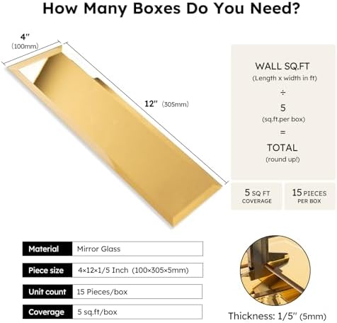 Diflart Peel and Stick Mirror Backsplash, Gold, 4x12 Inch, Beveled Mirror Subway Kitchen Bar Wall Tile (5 Sq.ft, 15 Pcs) - Image 3