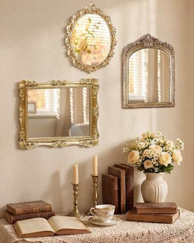 Wonderjune 3 Pcs Vintage Gold Mirror Set Wall Decorative, 8-15in Vintage Wall Mirror Hanging Antique Hanging with Stand for Living Room Home Wedding Decor(Retro Mixed Style, 12in/10in/8in) by Wonderjune