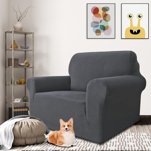 MAXIJIN Stretch Chair Cover Chair Slipcovers with Arms, 1-Piece Couch Sofa Chair Covers for Living Room, Non Slip Armchair Cover (31"-46") Furniture Protector Dogs Pet Friendly (Chair, Grey) - Image 2