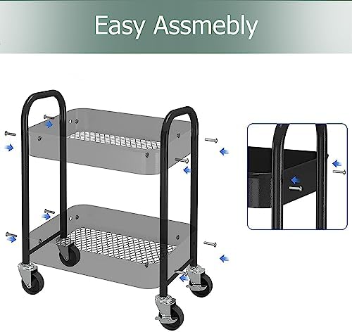 Melody House 2 Tier All-Metal Rolling Storage Cart with Handle and Locking Wheels - Kitchen, Laundry, Office, Bathroom Organizer, Black - Image 7