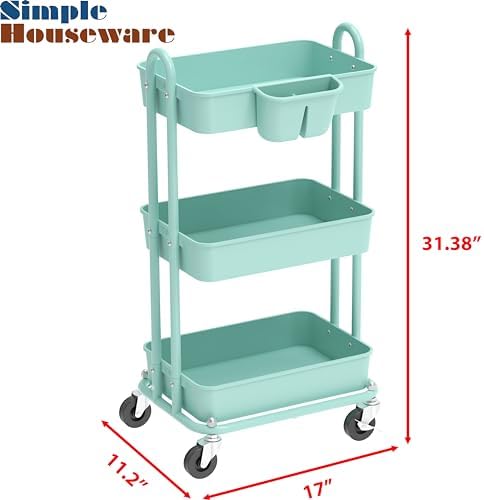 Simple Houseware 3-Tier Rolling Utility Cart with Hanging Bucket, Turquoise - Image 3
