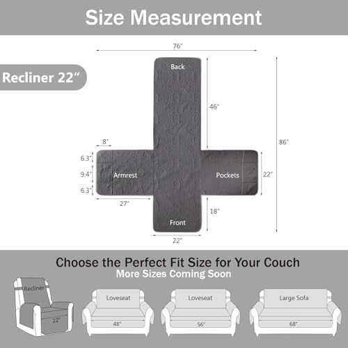 Quilted Recliner Chair Covers,Water-Repellent Recliner Slipcovers, Lazy Boy Recliner Cover Snug Fit, Pet Friendly Recliner Cover for Dogs Cats, Washable Couch Protector (Recliner 22", Gray) - Image 6