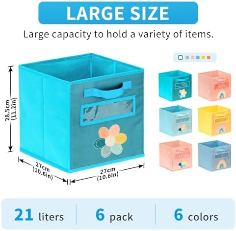 Cube Storage Bins, 6 Pack 11 Inch Fabric Storage Bins with Handle and Label Window, Foldable Storage Cubes, Colorful Fabric Bins for Kids Room, Classroom Organization and Storage, Clothes, Toys - Image 2
