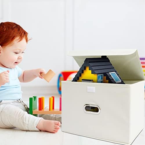 Fabric Foldable Collapsible Storage Cube Bin Organizer Basket with Lid, Handles, Removable Divider for Home, Closet (Creamy-White, 6Pcs) - Image 4