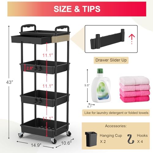 Goovilla 4 Tier Rolling Utility Cart Organizer with Removable Drawer, Black - Image 4