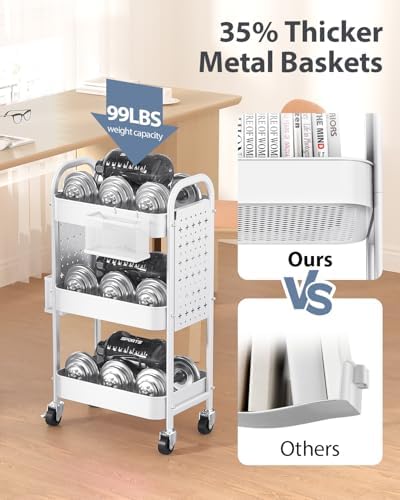 ALVOROG 3 Tier Metal Rolling Utility Cart with Pegboards,Baskets,Hook,White - Image 3