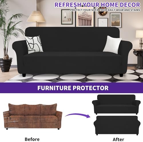 ZNSAYOTX Super Stretch Sofa Cover (72"-92"), New Striped Sofa Covers Fitted Slipcovers with Elastic Bottom, Dog Cat Pets Proof Spandex Washable Fabric Comfortable & Durable (Black, Sofa) - Image 2
