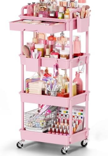 Goovilla Rolling Makeup Organizer Cart with Removable Drawer, 4 Tier Pink by Goovilla