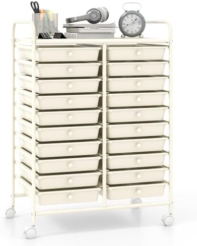 Giantex 20 Drawers Rolling Cart, Mobile Storage Drawer Cart, Classroom Organizer for Office School Supplies Tools Scrapbook Paper Craft Small Printer, Utility Stand on Wheels, Ivory White by Giantex