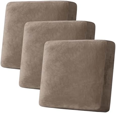 H.VERSAILTEX Velvet Stretch Couch Cushion Cover Plush Cushion Slipcover for Chair Loveseat Sofa Cushion Furniture Protector Seat Cushion Sofa Cover (3 Piece XL Sofa Cushion Covers, Mocha) by HVERSAILTEX