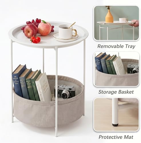 VECELO Round Side/End Table with Fabric Storage Basket，Metal Anti-Rust and Waterproof Small Bedside Nightstand with Removable Tray Top for Living Room，Balcony & Laundry，Beige/2pcs with Basket - Image 5