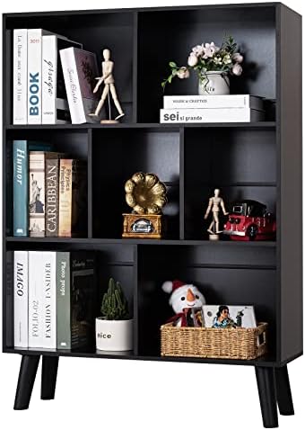 YAHARBO Black Bookshelf,3 Tier Modern Bookcase with Legs,Bookshelves Wood Storage Shelf, Open Book Shelves Cube Organizer,Freestanding Short Bookcases by YAHARBO
