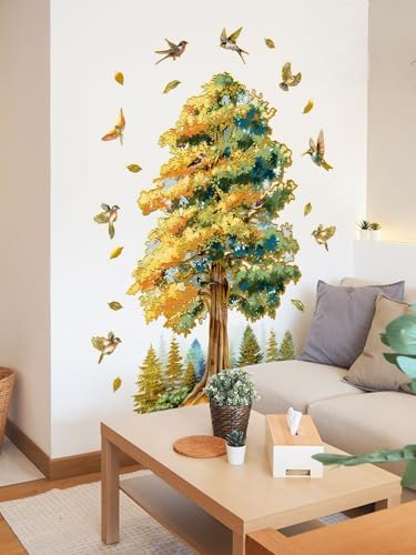 Golden Fall Tree Wall Stickers - Lush Gradient Tree Birds Falling Leaves Peel & Stick Removable Waterproof Wall Decals for Living Room Bedroom,88 cm x 106 cm by Unknown