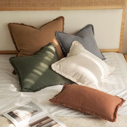 MIULEE Linen Fringe Decorative Euro Throw Pillow Covers Olive Green 22x22 - Image 5