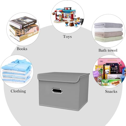 Linen Fabric Foldable Collapsible Storage Cube Bin Organizer Basket with Lid, Leather Handles, Removable Divider for Home, Closet (Grey, 3Pcs) - Image 3