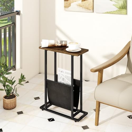 Acovy Narrow Side Table for Small Place,Metal Table with PU Leather Bag,Slim Nightstand for Reading Or Storage,Sofa Side Table for Living Room,Bedroom,Brown - Image 6
