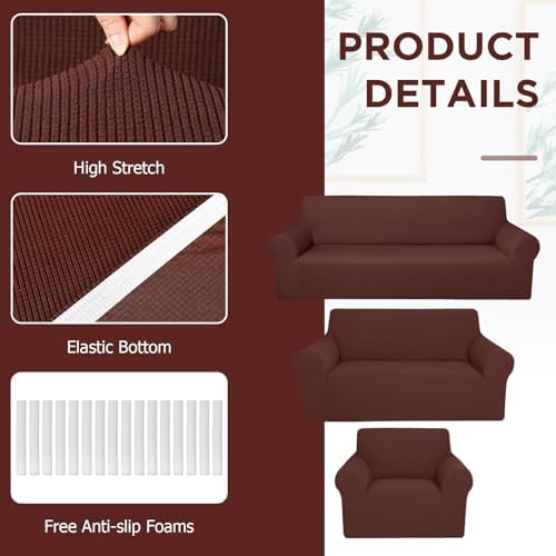 Peryiter 3 Pcs Couch and Loveseat Sofa Covers,Brown,Fleece - Image 4