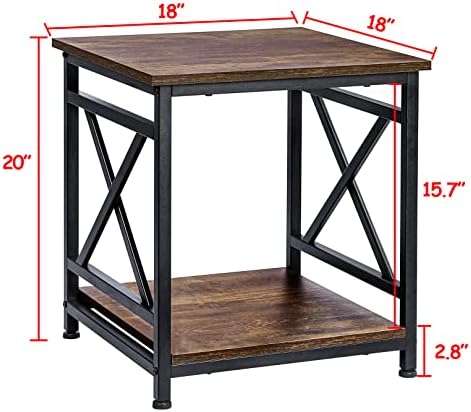 KSWIN Industrial End Table, 18" Square Side Table with 2-Tier Storage Shelf, X-Design Metal Frame, Rustic Brown Nightstand Bedside Table for Living Room, Bedroom - Image 3