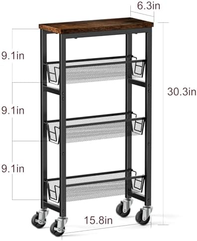 Honest Slim Storage Cart 4-Tier Slim Rolling Cart with Metal Frame and Wooden Top, 6.3 Inches, Storage Cart for Kitchen, Dining Room, Living Room, Bathroom, Home Office, Rustic Brown and Black - Image 2