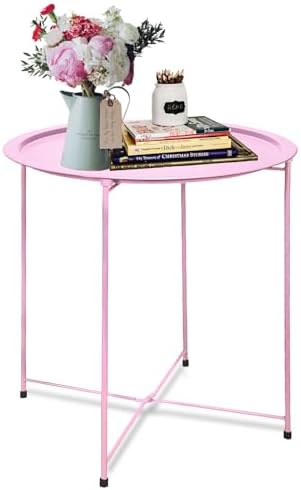 Garden 4 you End Table Metal Side Table Pink Round Folding Tray Cyan Sofa Small Accent Fold-able Table, Round End Table Tray, Next to Sofa Table, Snack Table for Living Room and Bed Room by Garden4you