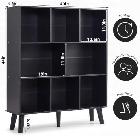 YAHARBO 8 Cube Bookshelf,3 Tier Bookcase with Legs,Black Mid-Century Modern Bookshelves,Large Free Standing Open Storage Organizer Shelf,Tall Wooden Book Case Furniture for Bedroom,Living Room,Office - Image 2