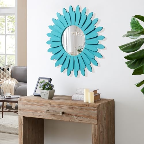 Honiway Beach Wall Decor Mirror 21 inch Wood Coastal Wall Decor Sunburst Boho Home Decor Room Decor for Bedroom Living Room Entryway Cyan - Image 3