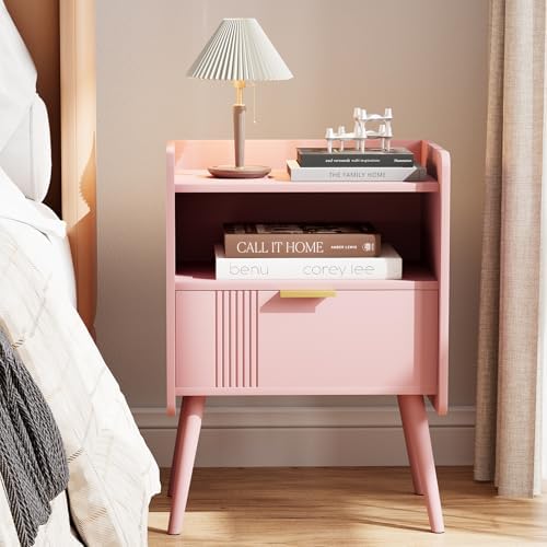 Aenuert Night Stand Modern End Table with Storage Drawer and Open Shelf, Small Bedside Stand, Wooden Sofa Side Table for Bedroom,Study Room and Small Spaces (Pink) by Aenuert