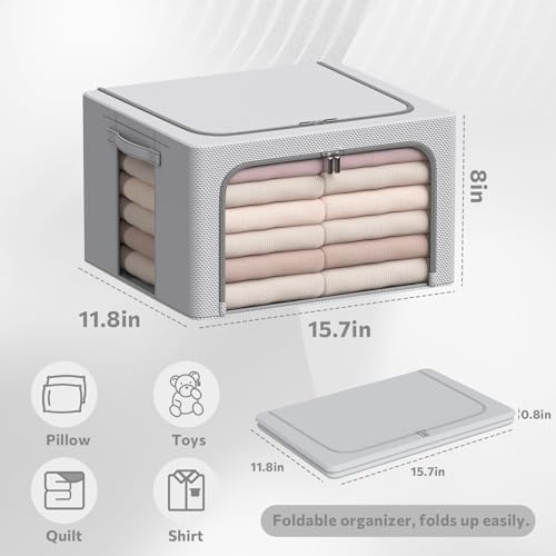 CYhom 3Pack Frame Storage Box - Clothes Storage Bin Bags Oxford Fabric Foldable Stackable Container Organizer Set with Clear Window & Carry Handles Large Capacity (Grey, Small-22L) - Image 5